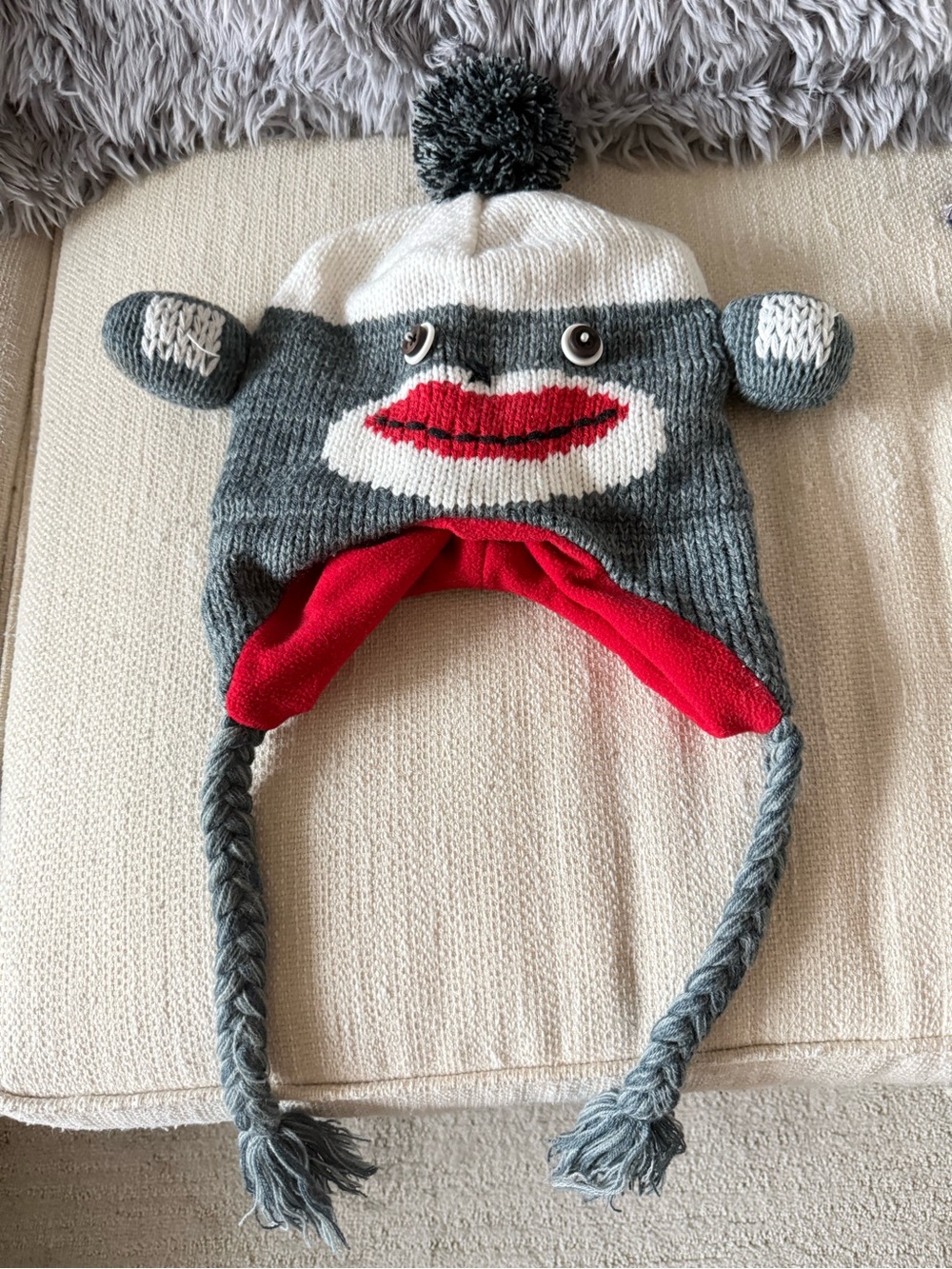 Gray and Red Sock Monkey Earflap Beanie Hat with Pom